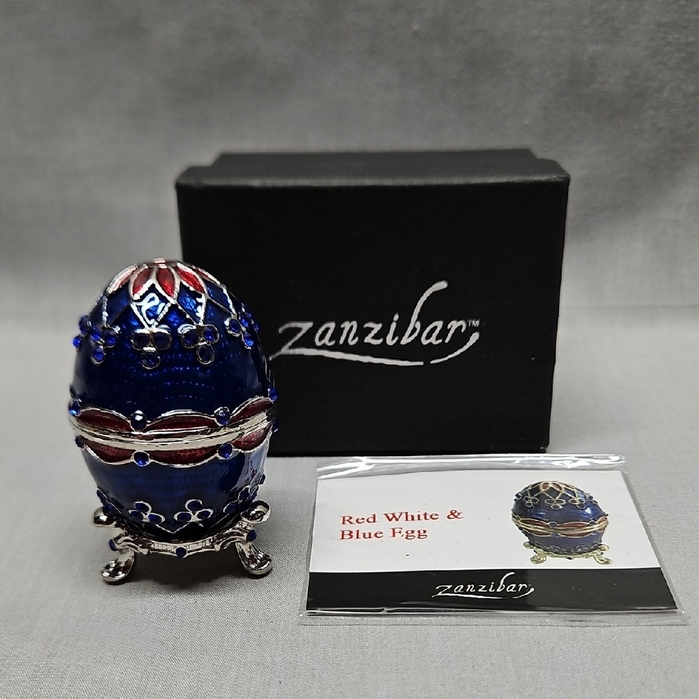 Zanzibar Red White & Blue Enameled Jeweled Trinket Box Egg No. 47199